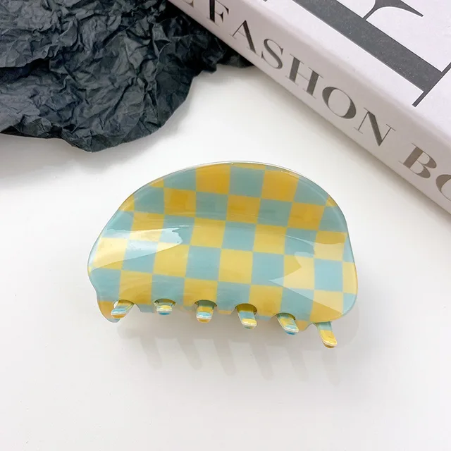 2021 Autumn New Fashion Women Hair Claw Clip Accessories Acrylic Geometric Color Grid For Sweet Girls Shark Hairpins Headdress C-05