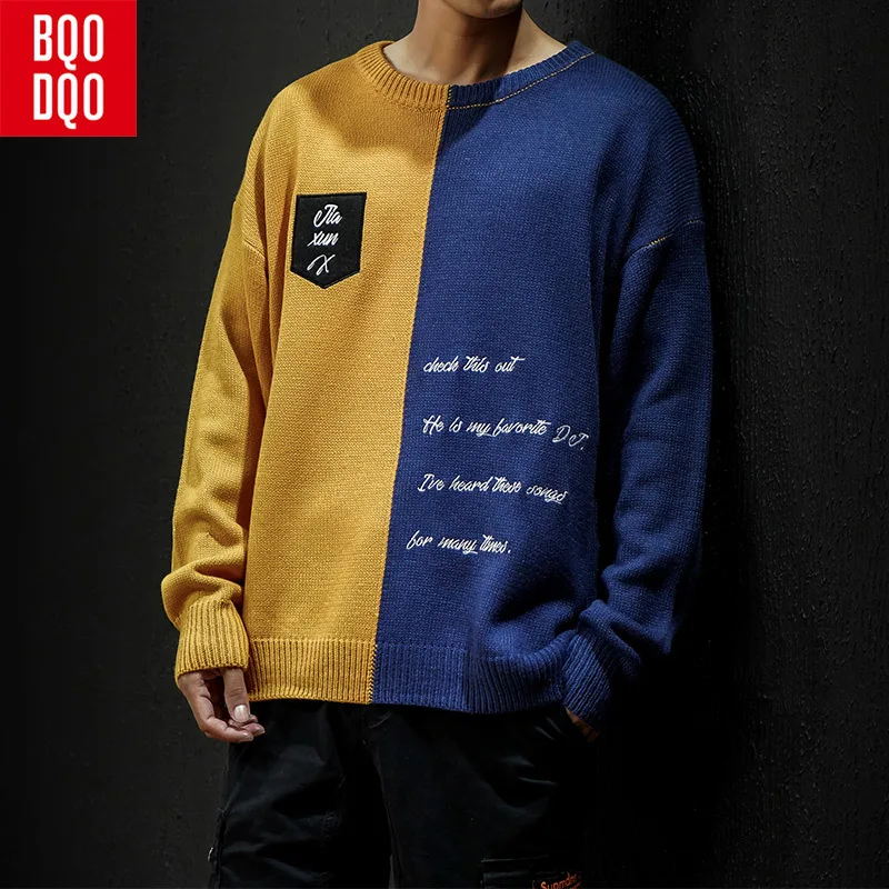 

BQODQO Long Sleeve Patchwork Color Knit Pullover Sweater Mens Hip Hop Letter Print Crewneck Sweaters Black Japan Streetwear Tops