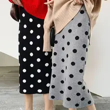Новые женские мягкие трикотажные юбки с высокой талией, винтажные Юбки миди в горошек, осенне-зимние вязаные юбки