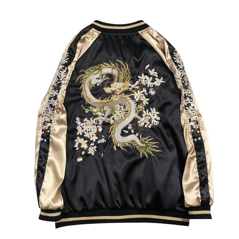 

BF Plus Size Dragon Embroidery Baseball Jackets Women Double-sided Satin Loose Basic Jacket Bomber Female Black Leisure Outwear