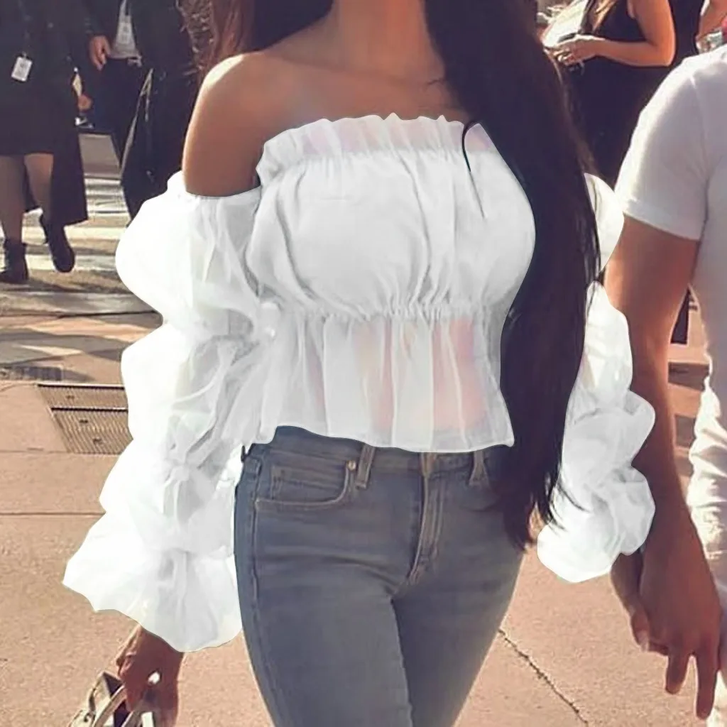 White Blouse Womens tops and blouses Off-shoulder Perspective Puff Long Sleeve Elegant Blosue Lace bluzki damskie | Женская одежда
