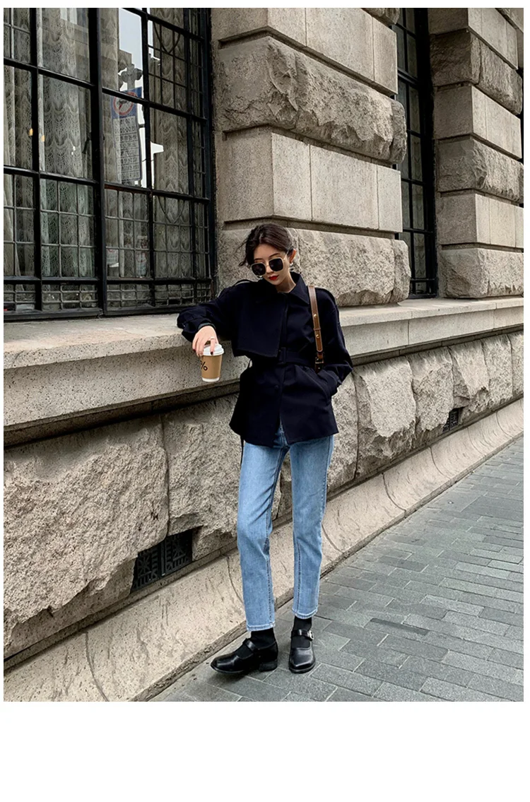 New Elegant Fashion Coat Women Short Blends Coat Jacket Female Korean Version Casual Short Loose Belt Coat Femme