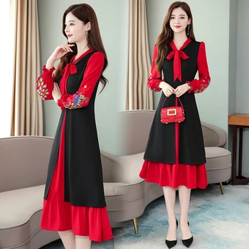 

Plus Size 4xl A-line Patchwork Womens Dresses New Arrival 2019 Lantern Sleeve Robes Femme Embroidery Formal Dress Women Elegant