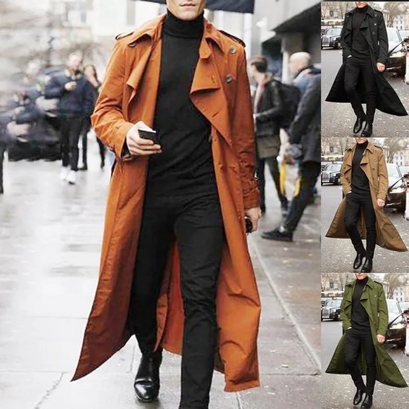 Новинка, длинный мужской плащ, Одноцветный, классический, весна-осень, куртка, Мужская, повседневная, свободная, британский стиль, Тренч, пальто, уличная одежда, пальто