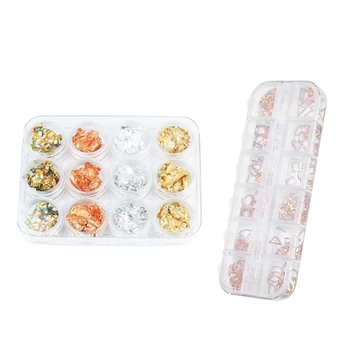 

12 Box Gold Silver Copper Rainbow Foil Paillette Chip Nail Art Design Decoration & 1 Box 3D Nail Art Decals Diy Nails Decoration