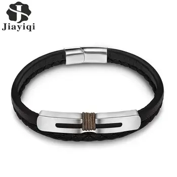 

Jiayiqi Trendy Stainless Steel Men Jewelry Bracelet Braided Leather Rope Chain Bangle Magnetic Clasp Wristband Hiphop Party Gift
