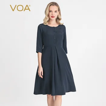 

Voa 36mm Elastic Heavy Crepe Crew Neck Single-Breasted High Waist Pleated Navy Blue Crisp Drape Dress A013 vestidos clothes