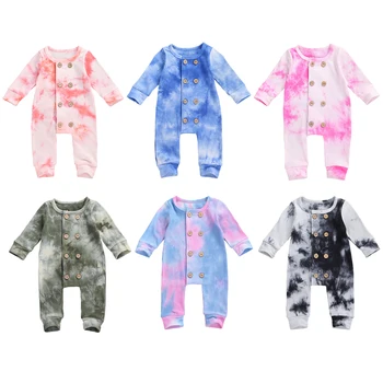 

Newborn Toddler Girls Tie Dye Jumpsuit Round Neck Long Sleeve Double Breasted Romper Overall Toddler Clothes Infant Jumpsuits