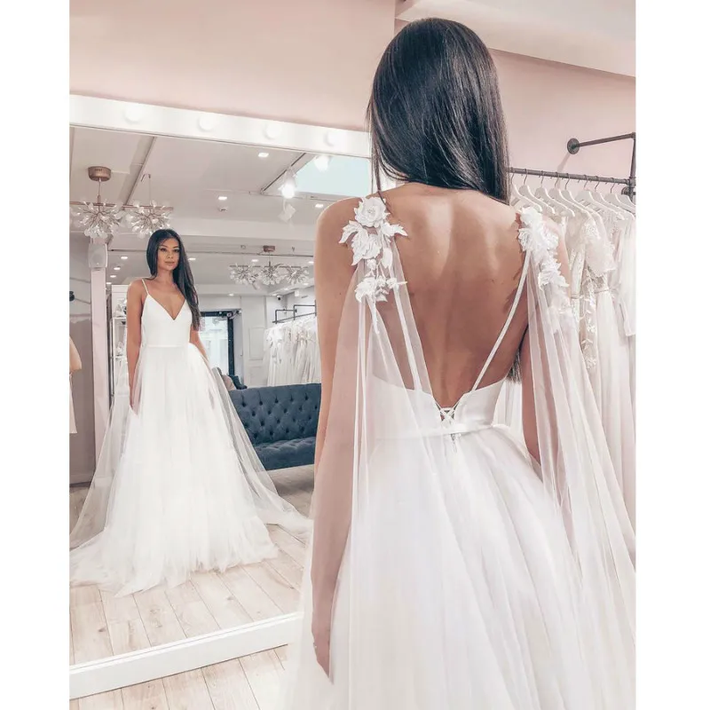 Vestido De Novia сексуальные тонкие лямки Тюль Свадебное платье без рукавов v-образным вырезом спинки Простые платья невесты Robe De Mariage