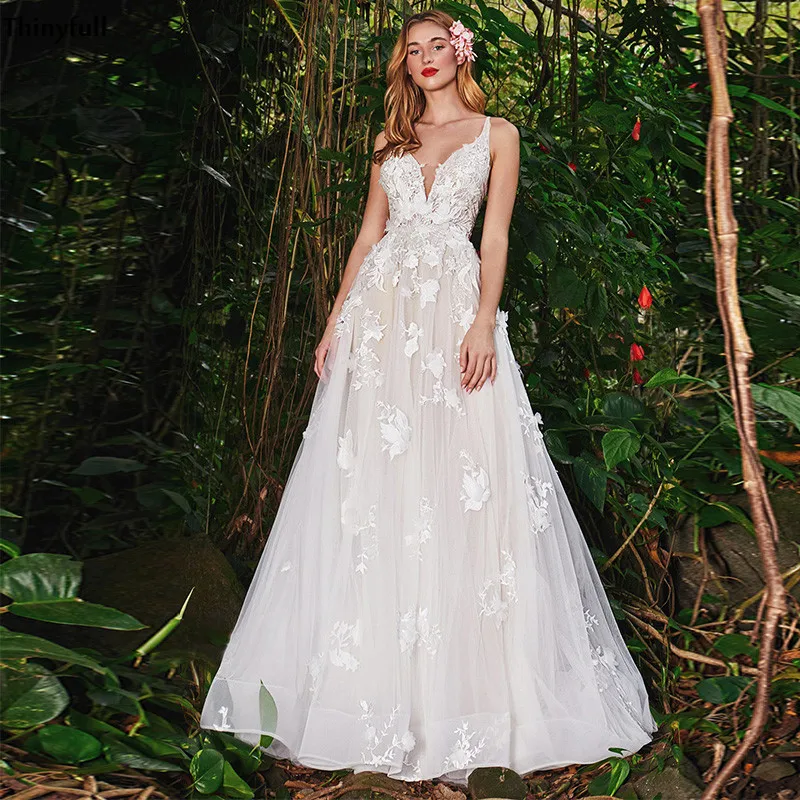 

Thinyfull New Boho Lace Tulle Wedding Dresses V-Neck Backless A-Line Country Style Bohemian Vestido Bride Dress For Women Robes