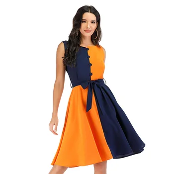 

2020 Patchwork Office Pleated Midi Dress Women Button Front Chiffon Dress Sleeveless Casual Summer Swing Dress Vintage Clothes