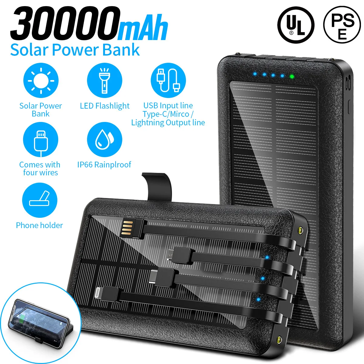 Camping Lights Solar Charging Treasure 30000 MAh Bring Their Own 4-wire High-capacity Mobile Power with Mobile Phone Stand