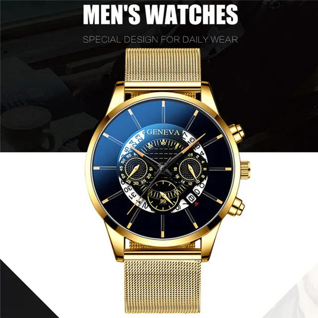 gold black Модные мужские деловые синие часы, Роскошные Кварцевые Мужские наручные часы с ремешком из нержавеющей стали, Повседневные Классические мужские часы Reloj Hombre - Цвет: gold black