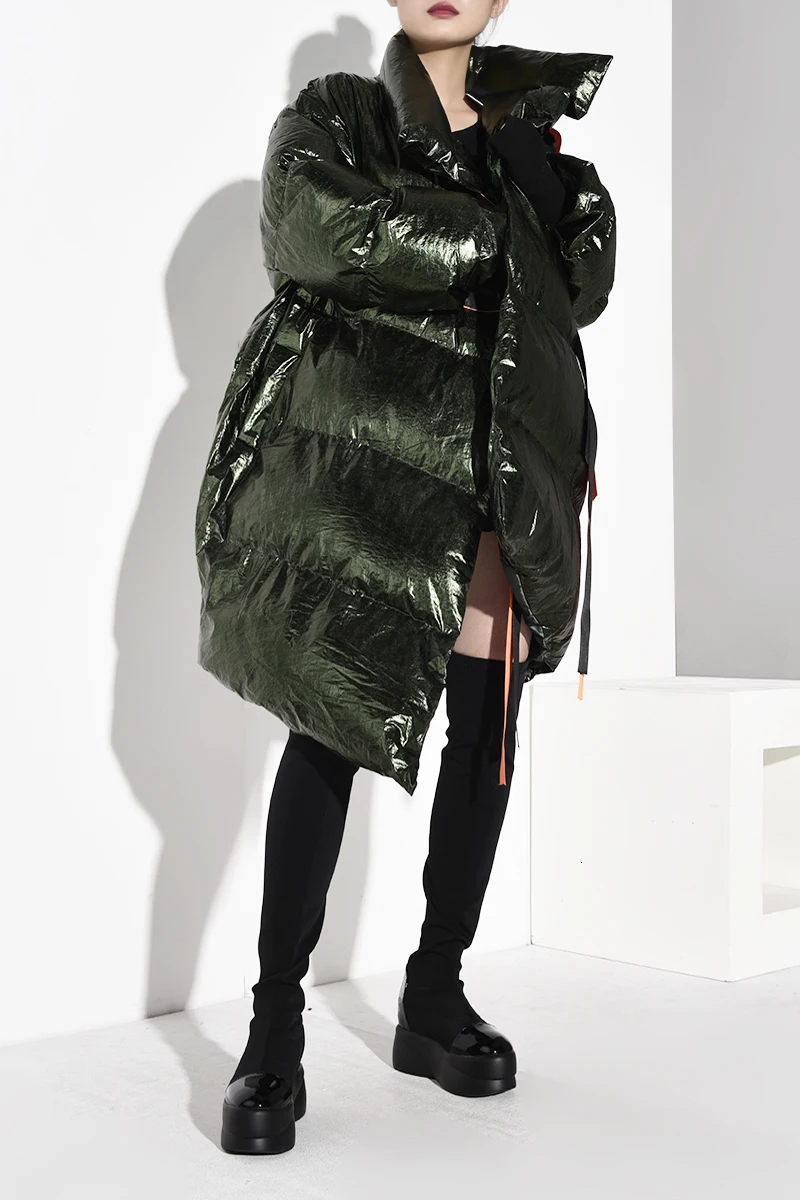 [EAM] Асимметричное пальто с хлопковой подкладкой с лентами, с длинным рукавом, свободный крой, женские парки, модная новинка, Осень-зима 2019