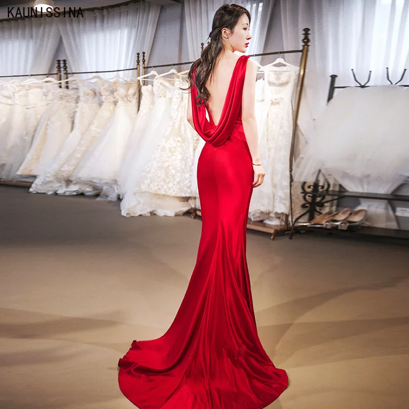 

Fishtail Evening Dress New Sexy Backless Sleeveless Satin Mermaid Elegant Party Dress Sweep Train Long Evening Gown Prom Dresses