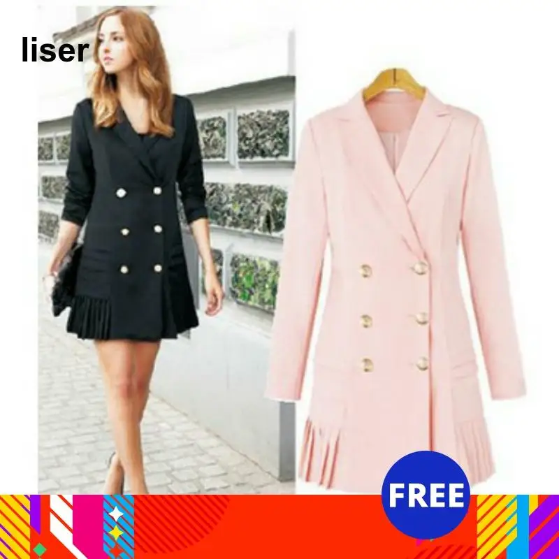 Женский двубортный костюм с плиссированным подолом Повседневная Длинная Куртка