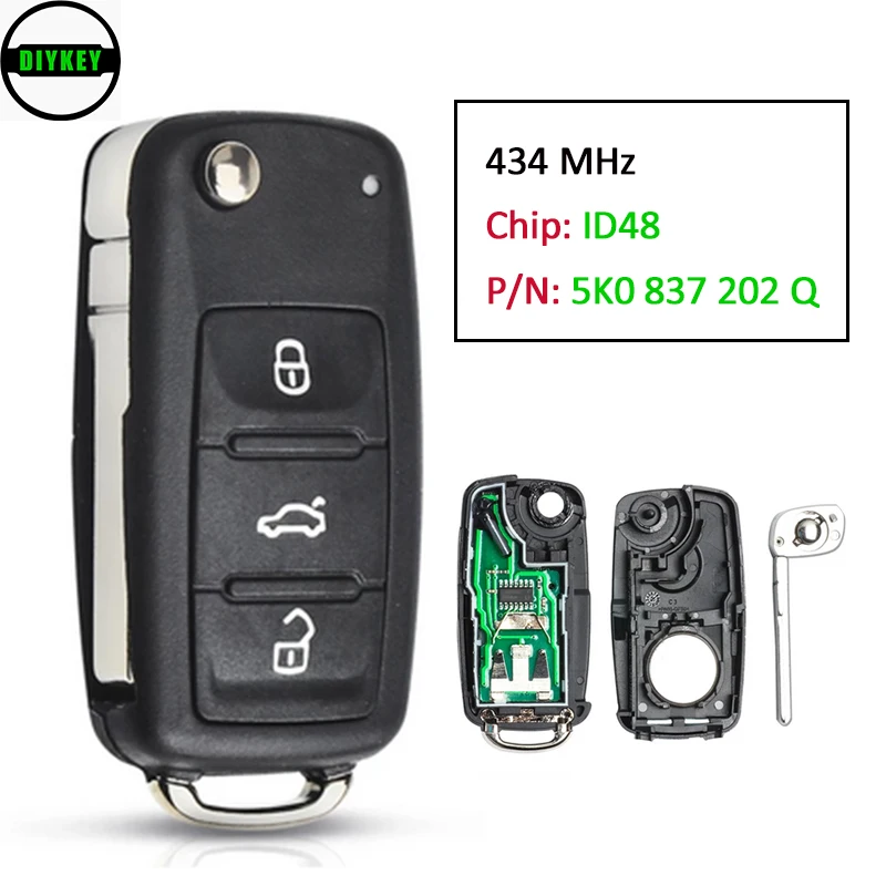 5K0 837 202 Q For Volkswagen Beetle Caddy Golf Jetta 2011 2012 2013 Remote Car Key 3 Button 434MHz ID48 Chip