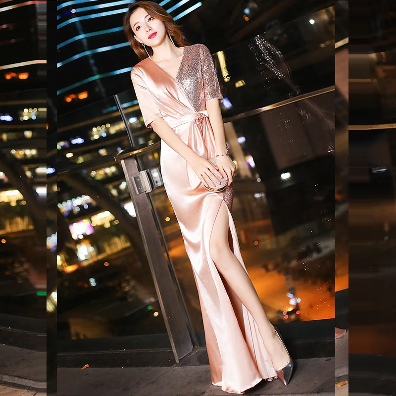 Вечернее платье с разрезом и v-образным вырезом, женские вечерние платья, длина до пола, расшитое блестками, шифоновое вечернее платье с коротким рукавом F209