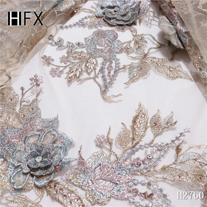 Роскошные 3d тюлевые кружевные ткани высокого качества африканские 3D Цветы кружевная ткань с золотыми бусинами кружева для свадьбы H1108
