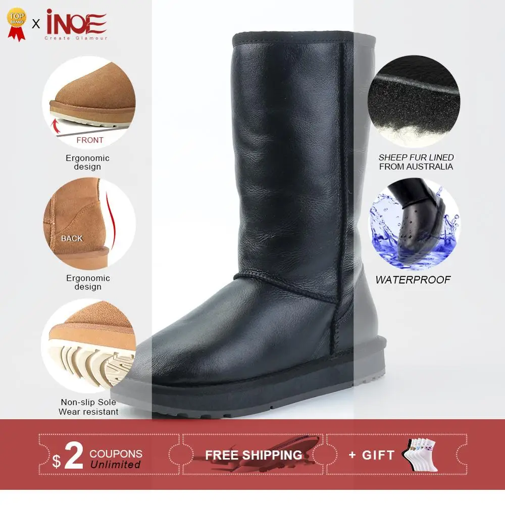 Ceny INOE klasyczne damskie wodoodporne kolana wysokie kożuchy skórzane buty zimowe Shearling wełniane futrzane buty śnieżne buty trzymające ciepło czarne