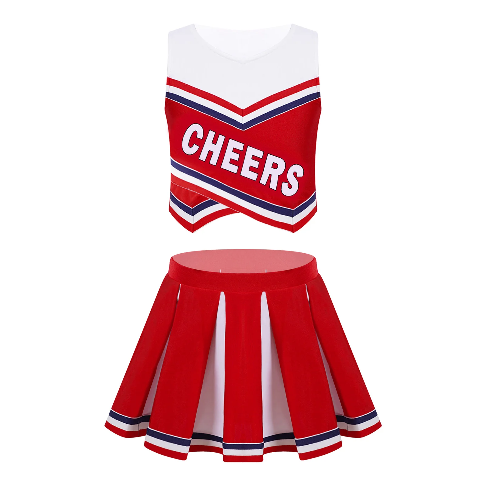 2Pcs Kids Girls Sport Dance Suit Cheerleader Costume V Neck Sleeveless Letters Cheers Print Vest and Pleated Skirt Set Outfit