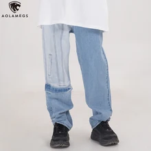 Aolamegs Jeans Men Color Block Patchwork Denim Pants Men Harajuku Casual Jeans High Street Baggy Comfortable Trousers Streetwear