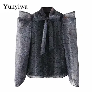 

2020 New Bow Tie Mosquito Print Long Sleeve Shirt Womens Blouse Tops Casual Vintage Shirts Clothes Blusas Camisas Mujer
