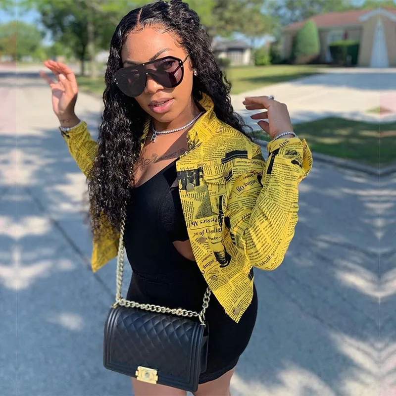 awesome HAOYUAN Newspaper Print Coat Women Long Sleeve Turn Down Collar Button Loose Short Jacket Fall Stre