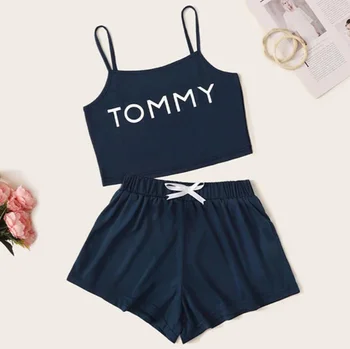 

Two piece letter printed suspender shorts for women's pajamas tz30