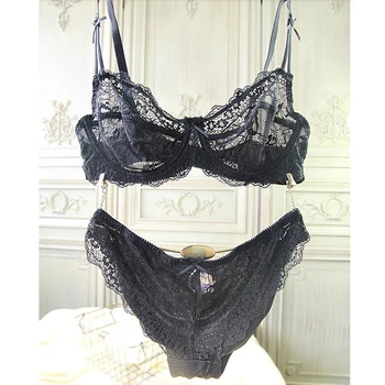 

YBCG 1/2 Thin Cup Women Bra Sexy Lace Hollow Transparent Underwear Set Fashion Bow Embroidery Floral Bras For Women