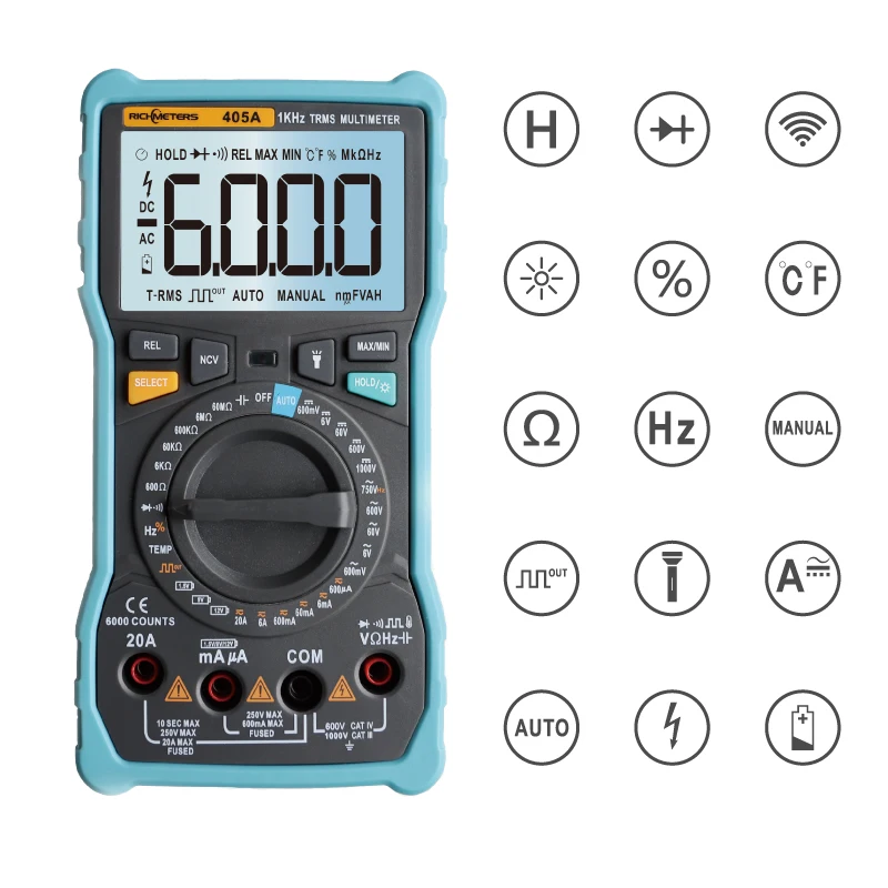 Цифровой мультиметр RICHMETERS 405A функция True RMS 20 А 6000 отсчетов напряжение постоянного