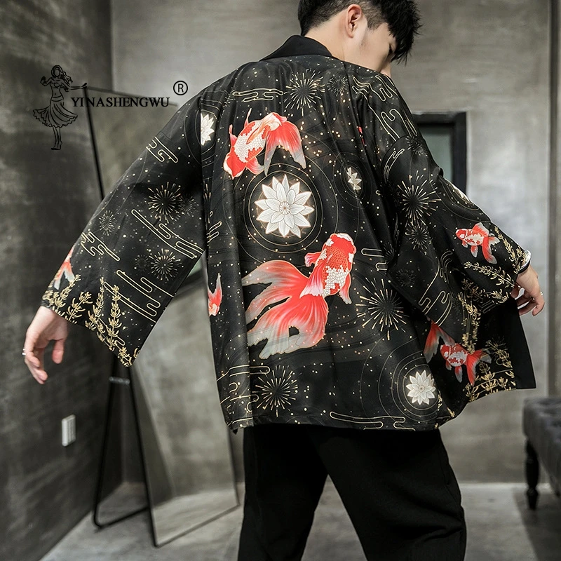 Кимоно Кардиган для мужчин японское кимоно для мужчин юката печати Азия кимоно костюм для косплея Топ пляжное тонкое повседневное пальто Солнцезащитная рубашка