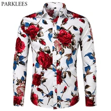 Мужские футболки с цветами на пуговицах, мужская рубашка, повседневная приталенная Свадебная рубашка для мужчин, рубашки с длинным рукавом, белая рубашка, Camisas 3XL