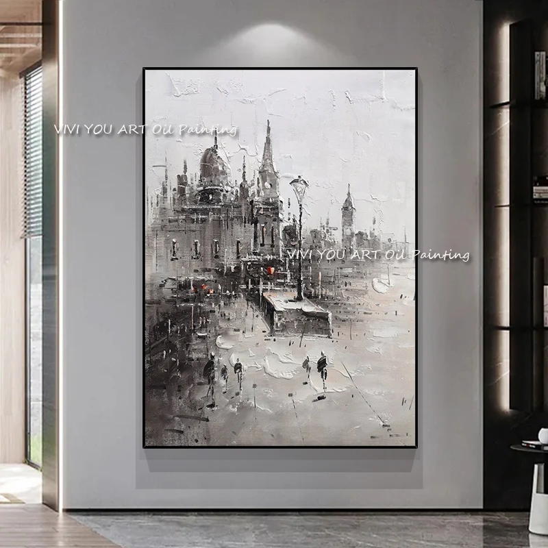 

100% Handmade Grey Canvas Retro City Oil Painting Large Size Pictures Wall Art for Living Room Home Decoration with No Frame