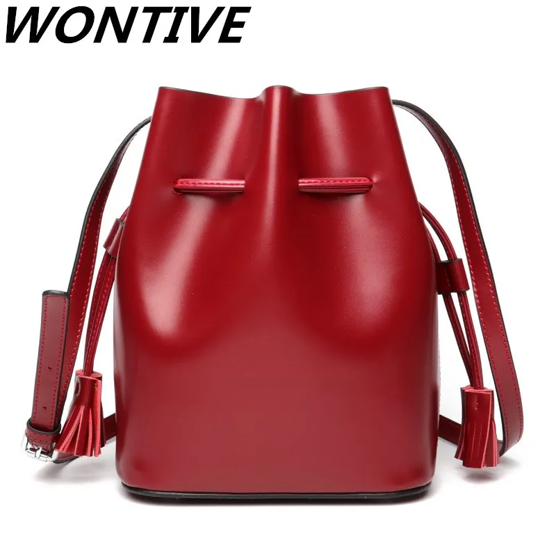 

Spring and Summer New Bucket Bag Cowhide Women's Bag Retro Tassel Messenger Bag Large Capacity Simple Shoulder Ladies Bag