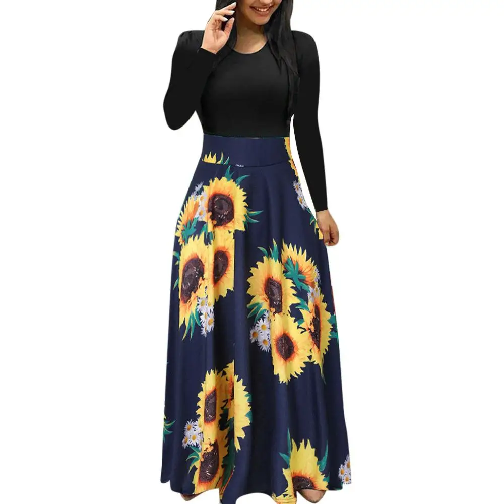 Модное женское платье размера плюс, элегантное винтажное платье макси с длинным рукавом и принтом, летнее Повседневное платье с цветочным принтом - Цвет: NavyA