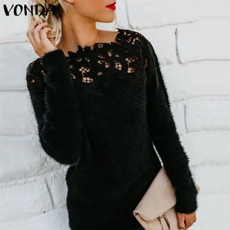 

VONDA Women Sweater Knitwear Plus Size 2020 Spring Autumn Long Sleeve Slim Sweaters Office Lady Knitted Pullover Casual Sweater