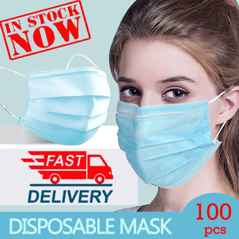 

Face Mask 3-layer mask 100pcs Disposable Mouth Mask Non Woven Disposable Anti-Dust Meltblown cloth Masks Earloops
