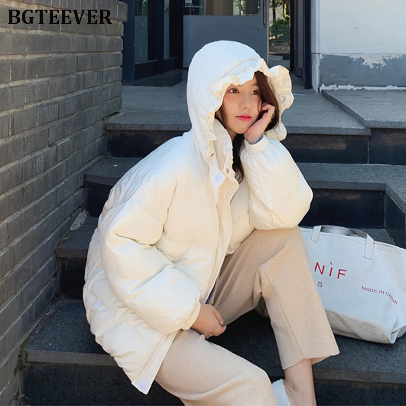 

BGTEEVER Winter Thicken Hooded Women's Jacket Coat Stand Collar Ruffles Oversized Female Padded Parkas Jacket 2019