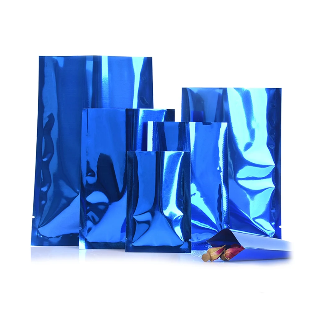 

100Pcs Blue Open Top Mylar Foil Bag Heat Vacuum Seal Tear Notch Food Coffee Bean Snack Recyclable Candy Storage Pack Pouches