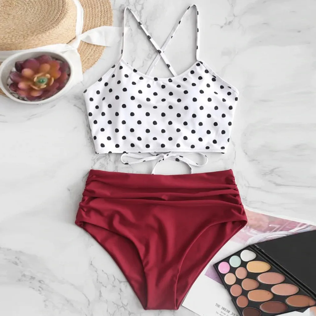 

Swimsuit High Waist Bikini Women Sexy Crisscross Back Polka Dot High Waist Bikini Set Two Piece Swimsuit Swimsuit Female