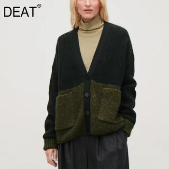 

DEAT 2020 New Autumn And Winter V-neck Full Sleeves Mohair Fur Pockets Contrast Colors Knits Cardigan WJ10606L