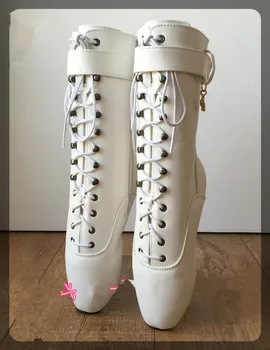 

Fetish Ballet Boots Women High Heel Spike White PU Cross Tied Lace Up Mid-Calf Spring and Autumn Boots Plus Size 36-46