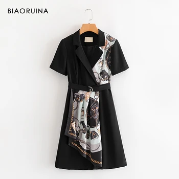 

BIAORUINA Women's Fashion Printing Black A-line Dress Notched Collar High Waist Female Elegant Dress with Belt Short Sleeve