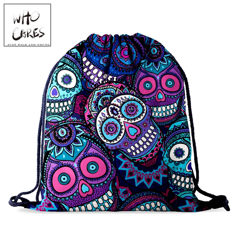 

Who Cares Drawstring Storage Bag Women Backpack Fashion Skull 3D Printing Gift Bag Portable Waterproof Travel Bag