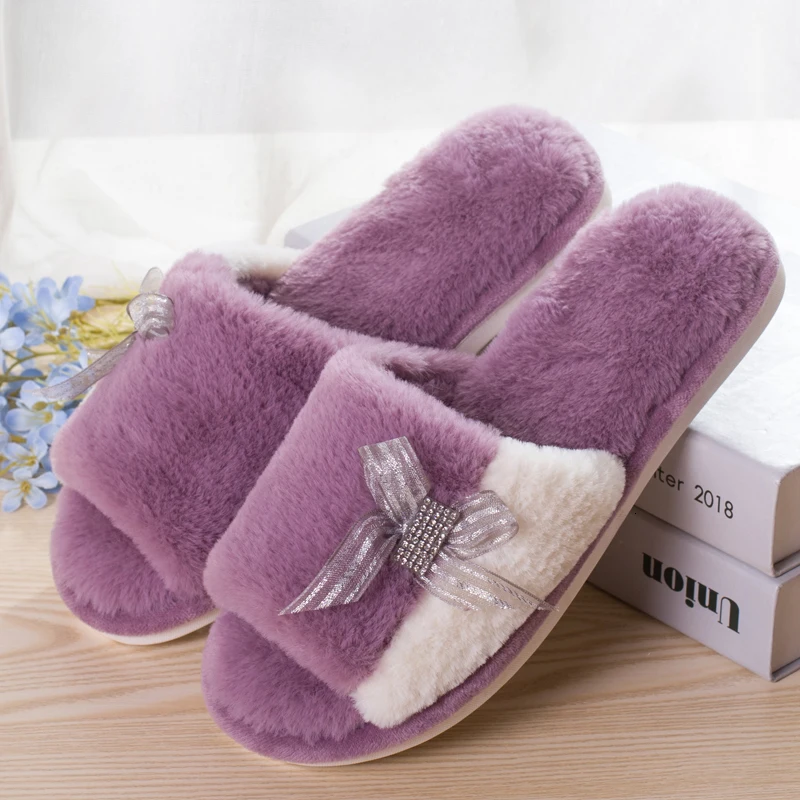 

Winter Women Home Slippers with Faux Fur Fashion Warm Shoes Woman Slip on Flats Female Slides Shoes Plus Size