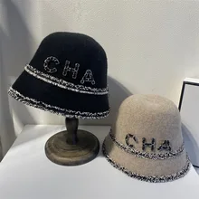 

Wool Blended Chain Letters Bucket Hat Small Sweet Wind Mill Edge Fashion Basin Mo Autumn Female Elegant Temperament Fisherman