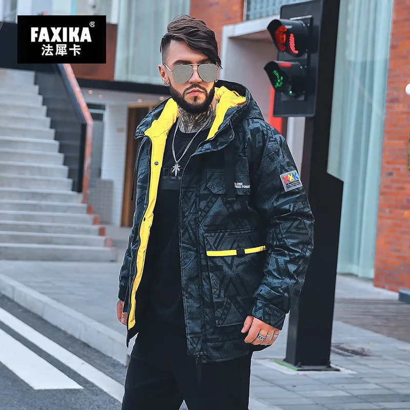 FAXIKA большой ярдов мужская одежда han edition tide оснастки хлопчатобумажная одежда удобрения увеличивает куртка с капюшоном является нерегулярным