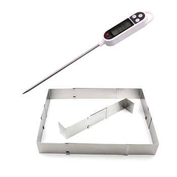 

2 Set Accessories: 1 Set Digital Food Thermometer Barbecue Kitchen Thermometer TP300 & 1 Set Adjustable Cake Ring Mold Square Re
