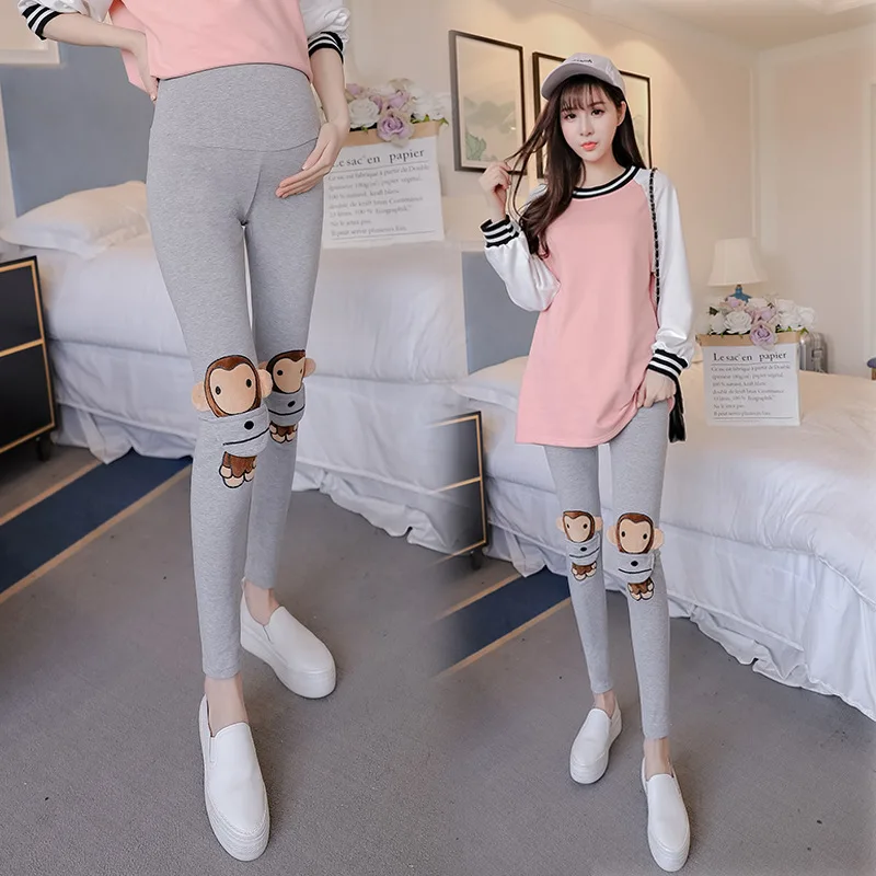 Cute baby monkey pattern pregnant women solid color belly support trousers leggings |